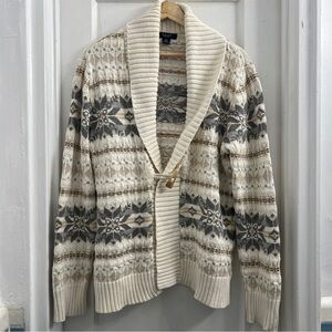Chap’s Cardigan Fair Isle Pattern Cotton Knit Sweater, White, Grey, and Beige XL